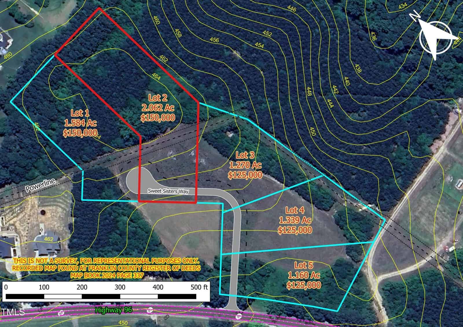 Aerial map showing four outlined land lots labeled with acreage and prices. Yellow contour lines indicate elevation. Roads, nearby buildings, and wooded areas are visible. Lots are numbered 1 to 4 with details noted.