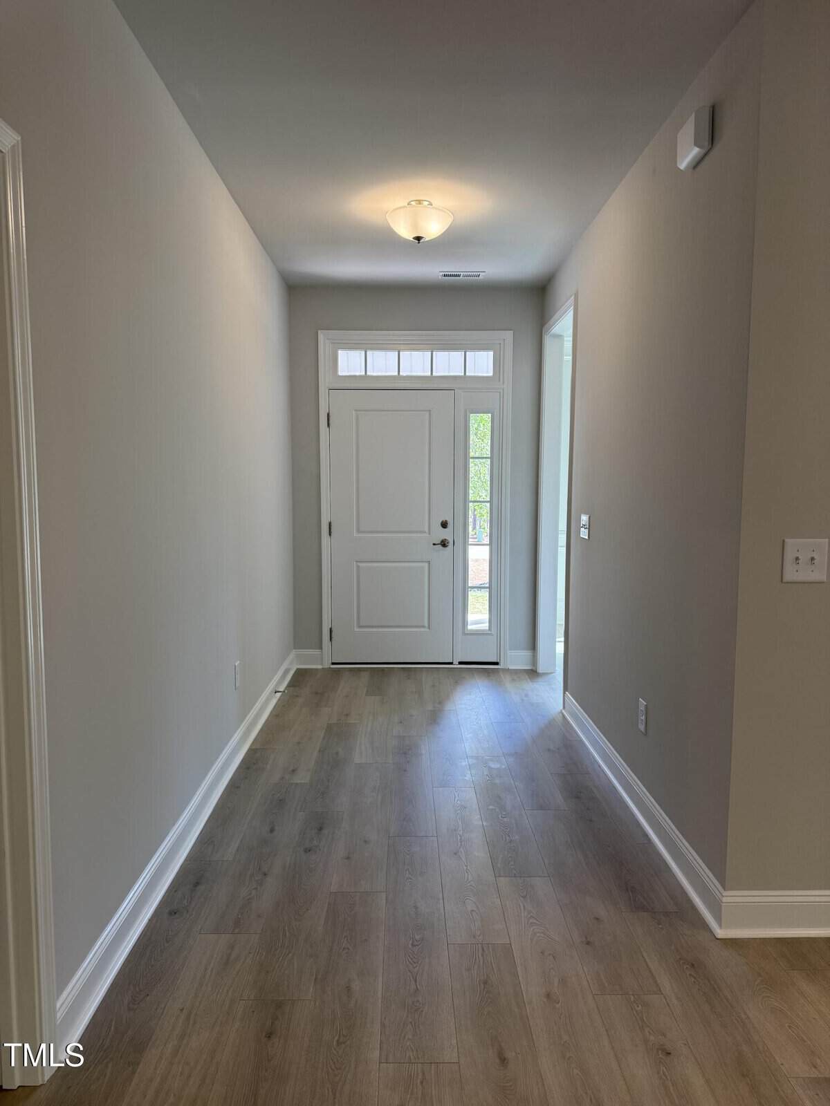 A hallway with light-colored walls, wood flooring, and a white front door with glass panels above and on the side, allowing natural light into the space.