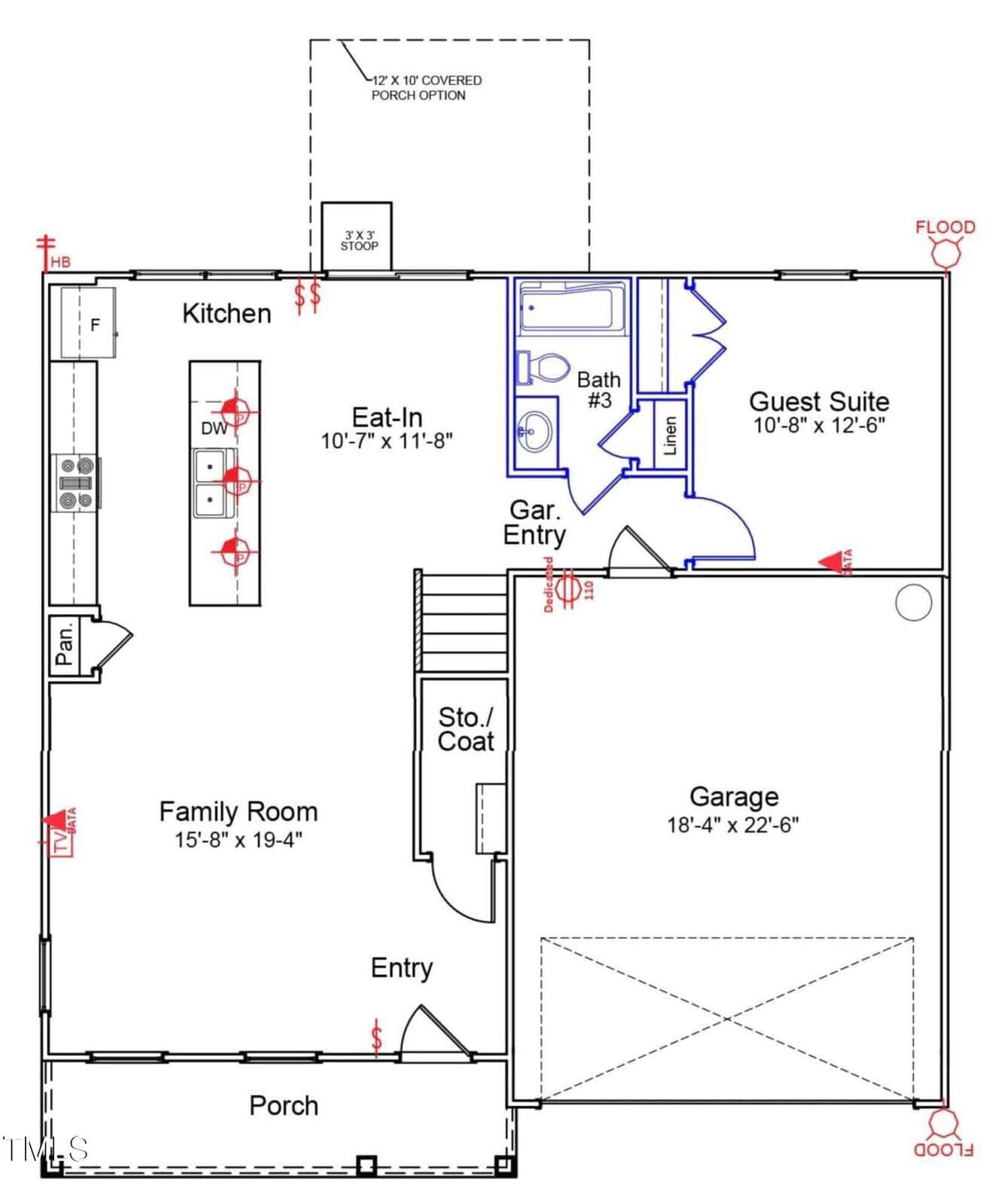 Floor plan of a house featuring a porch, entry, family room, kitchen, eat-in area, guest suite, bath, garage entry, garage, and a pantry, linen closet, coat closet, and stairs. Dimensions are labeled for each room.