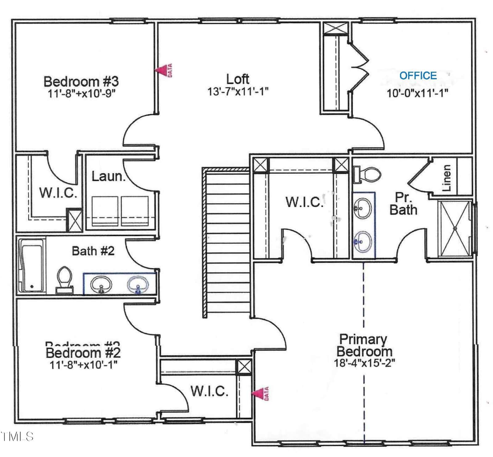 A floor plan shows four bedrooms, including a primary bedroom, two bathrooms, a loft, an office, laundry area, three walk-in closets, a linen closet, and a staircase at the center of the layout.