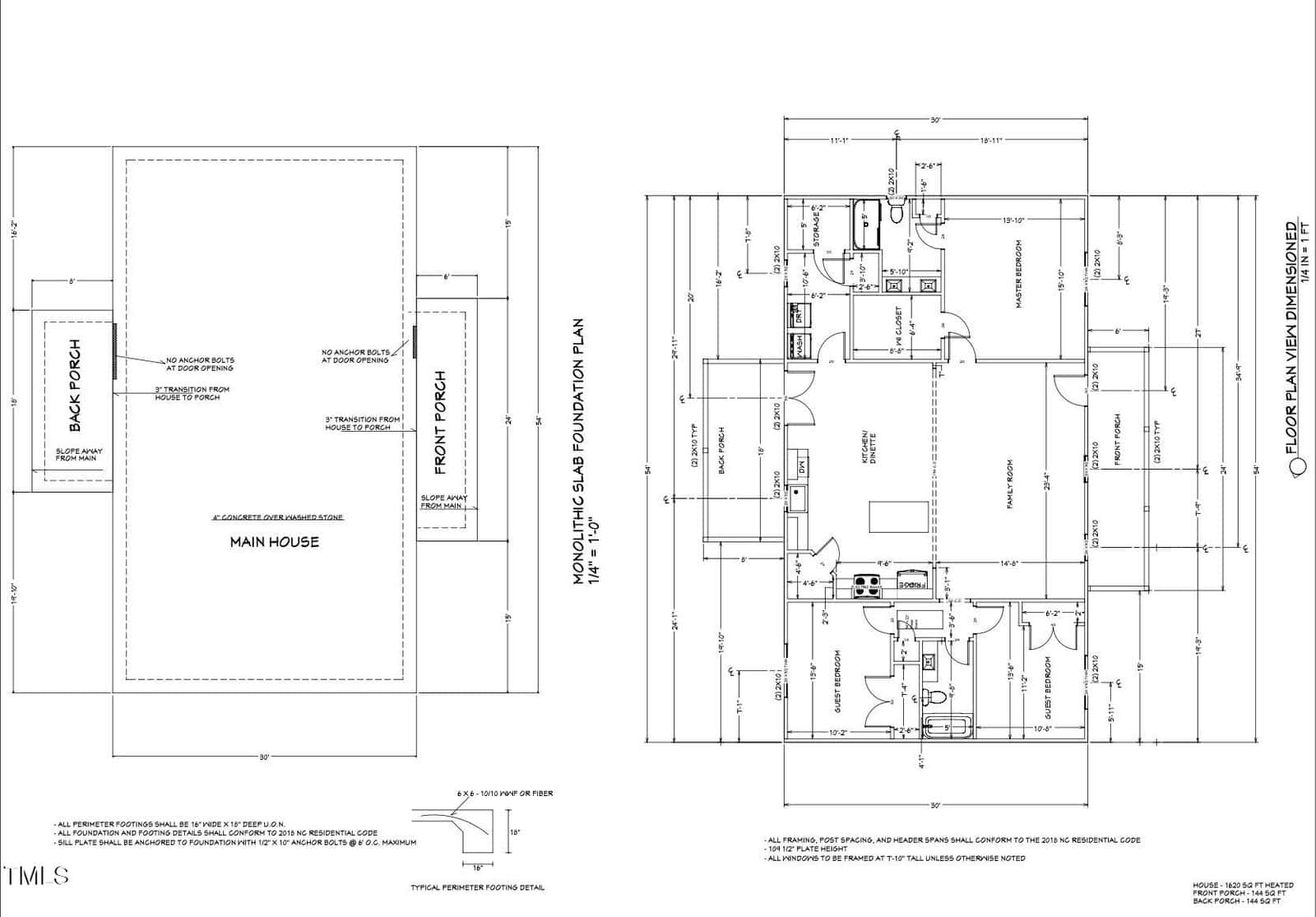 Architectural drawing showing a main house foundation plan with porch areas and a detailed floor plan including labeled rooms, doors, windows, and dimensions for construction reference.