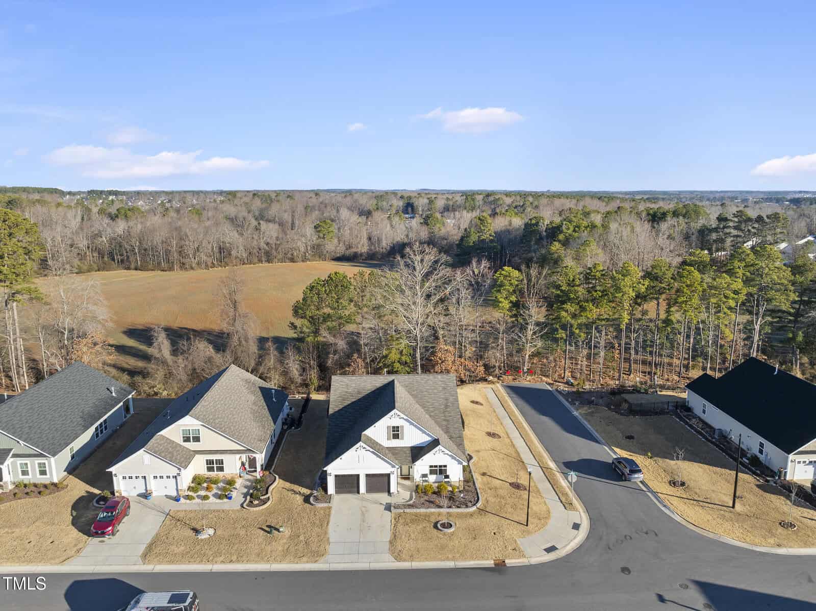 Aerial view of three single-family houses with driveways and lawns on a quiet residential street. The homes back up to an open field bordered by trees under a blue sky.