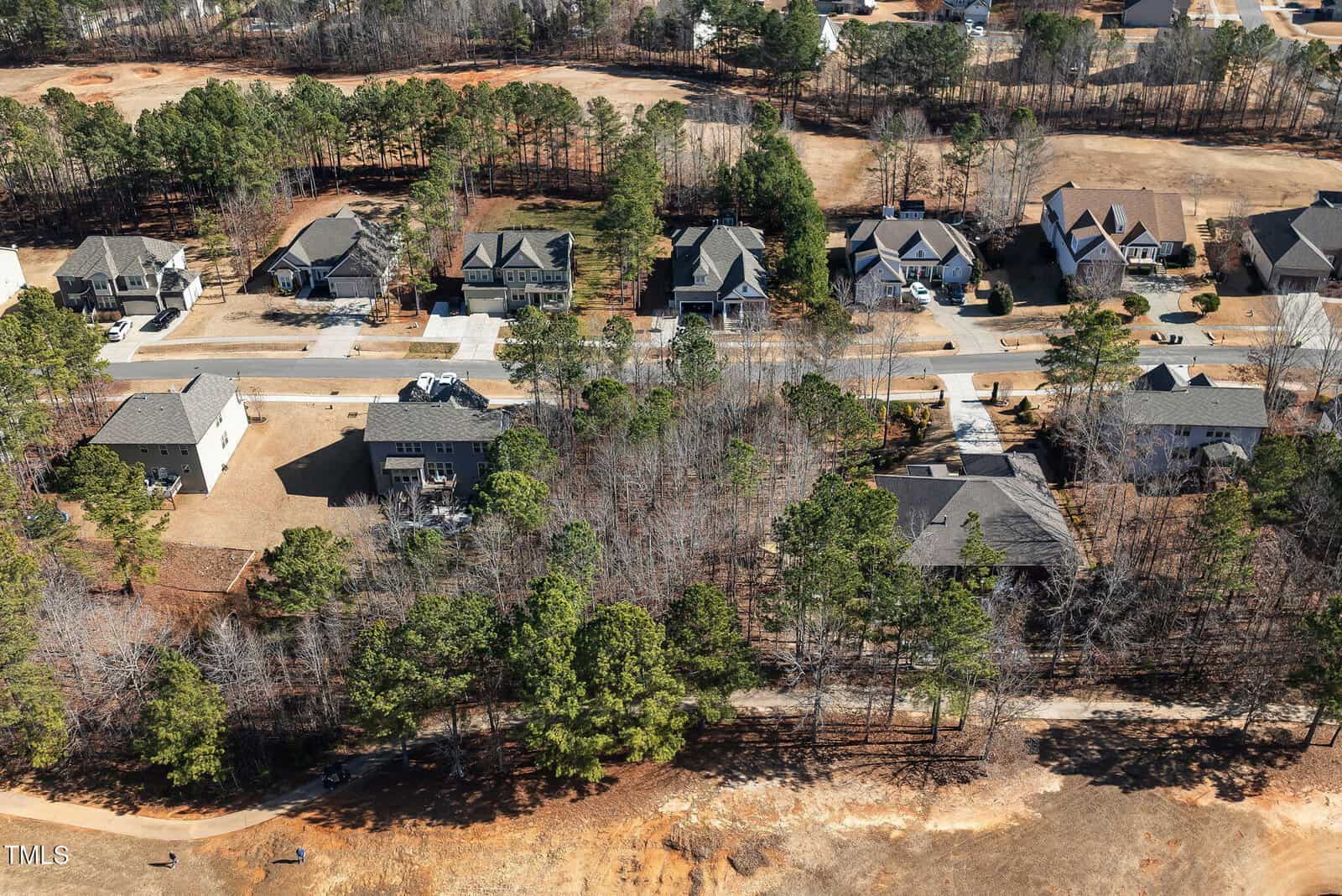 Aerial view of a suburban neighborhood with several houses along a tree-lined street, surrounded by wooded areas and patches of cleared land. Some yards are fenced, and the trees are mostly leafless, suggesting winter or early spring.