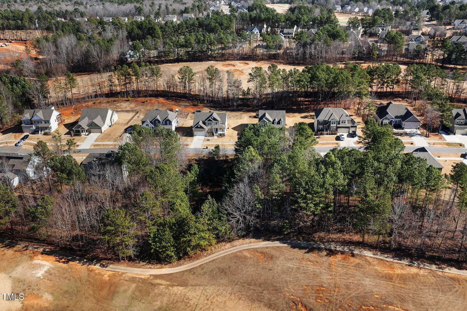 Aerial view of a suburban neighborhood with houses lined along a street, bordered by a forested area and an open dirt field in the foreground. Trees partially obscure the houses, and other homes are visible in the distance.