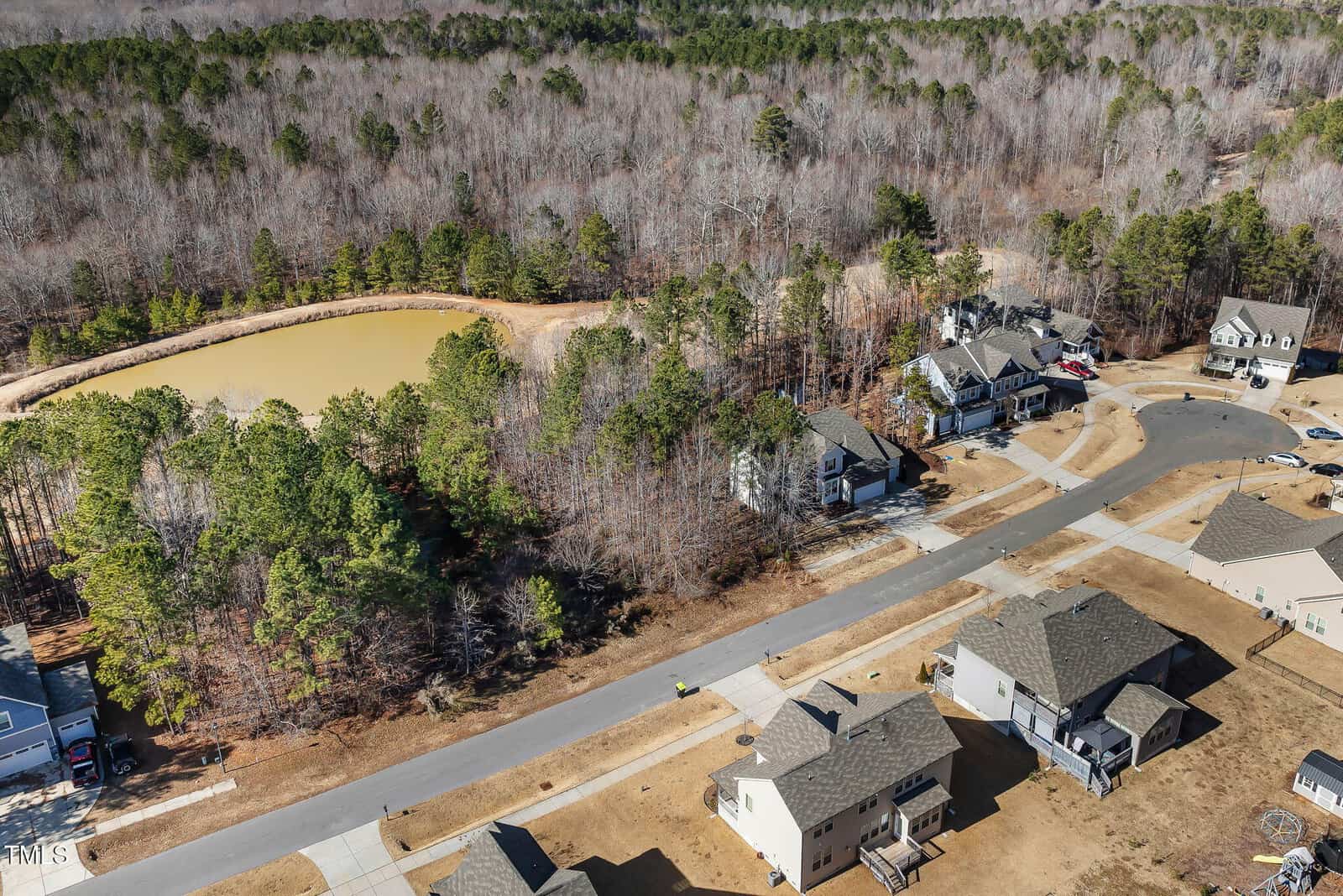 Aerial view of a suburban neighborhood with several houses along curved streets, bordered by a wooded area and a pond. The trees have sparse leaves, suggesting late fall or winter.