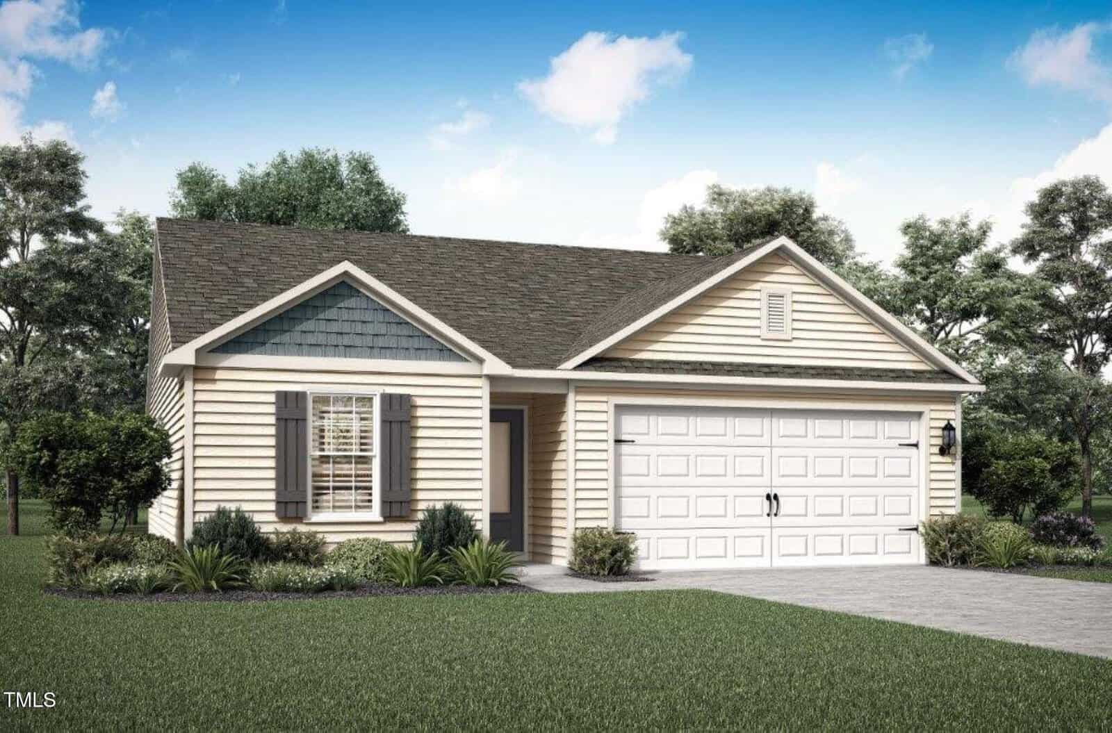 A single-story house at 820 Rhino Bend in Oxford boasts cream siding and a gray roof, complemented by dark shutters. The property includes a double garage with a white door, surrounded by a well-kept lawn and small shrubs under the clear sky sprinkled with a few clouds.