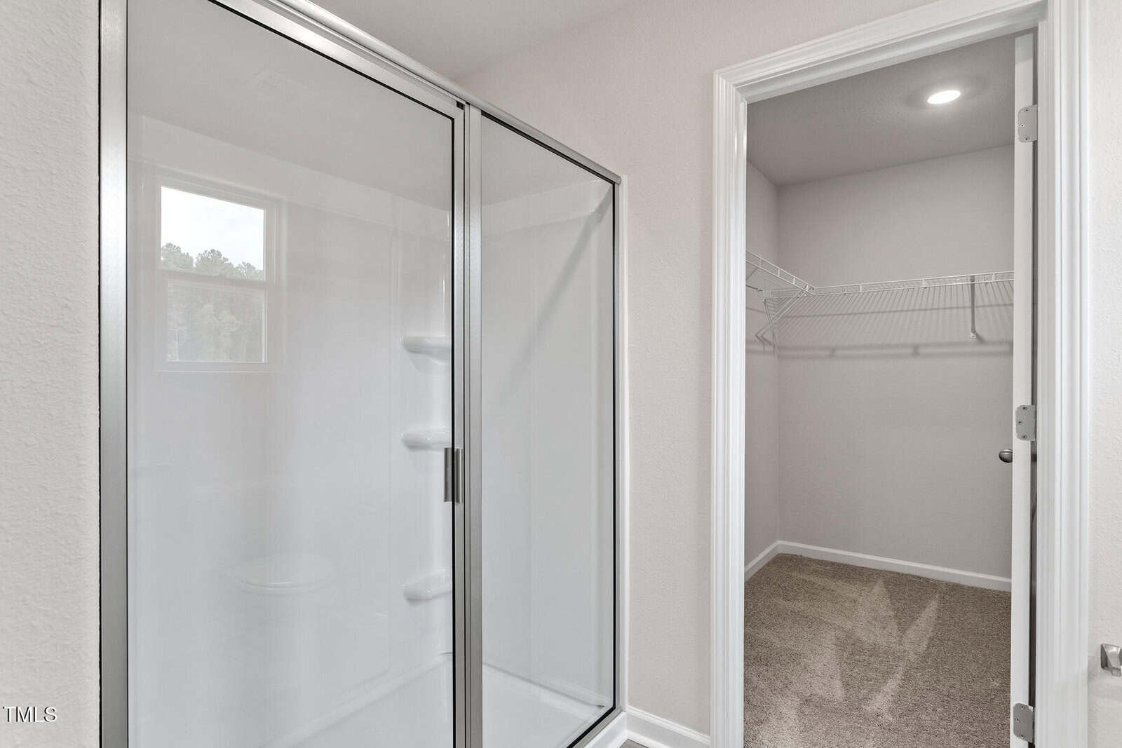 A bathroom features a glass-enclosed shower with a silver frame. To the right is an open door leading to a walk-in closet with beige carpet and wire shelving. A small window in the bathroom lets in natural light.