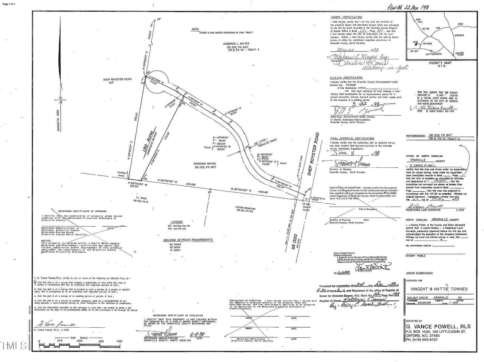 A technical drawing of a property survey with measurements and notes. It includes boundaries, angles, and labels for various roads and properties. There are handwritten and printed annotations, along with a section for official signatures and seals.