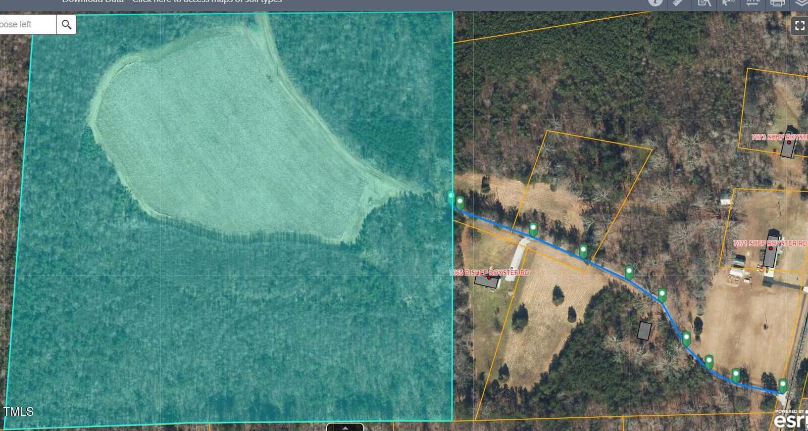 Aerial map view showing a large green field on the left, surrounded by dense forest. On the right, there are several plots with buildings, intersected by a winding blue road. Orange boundary lines outline various sections of land.