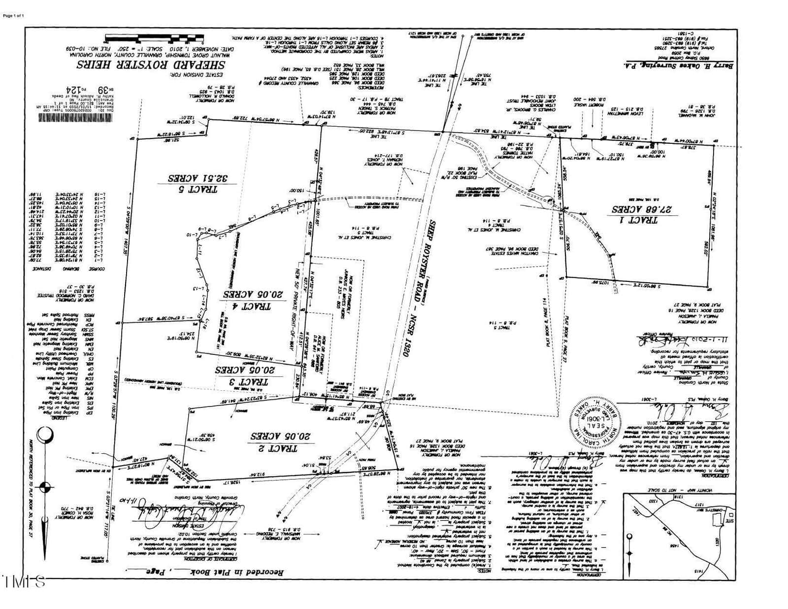 Architectural blueprint of Sheppard Foster Heirs subdivision showing multiple tracts labeled with areas in acres. Includes surveyor notes, coordinates, and a small vicinity map in the lower right corner. Various measurements are annotated throughout.