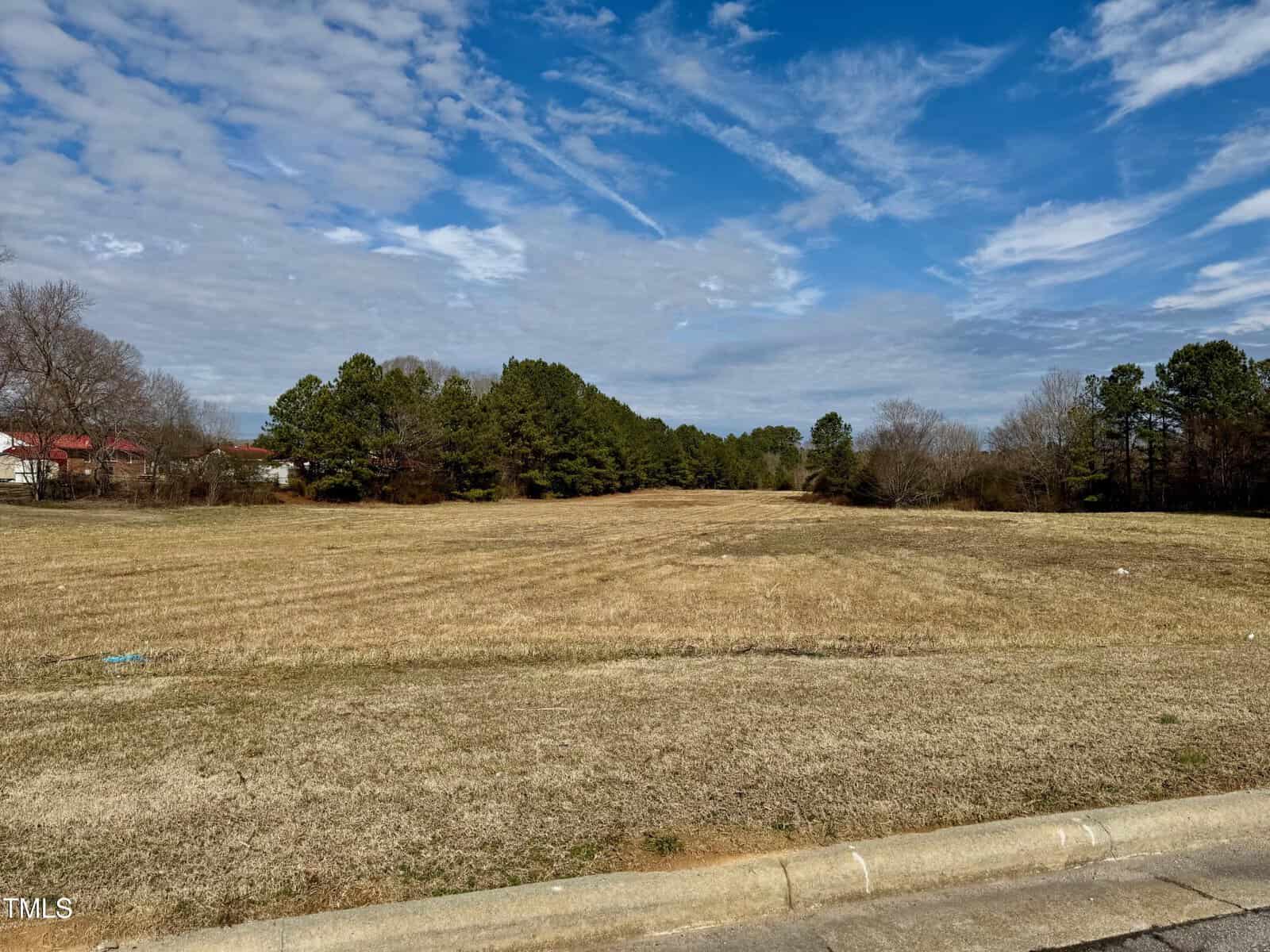 A grassy, open field stretches under a partly cloudy sky near 00 Cardinal Drive. The field is bordered by trees in the background and a curb in the foreground. Sparse vegetation is visible, and a few buildings with red roofs are partially seen on the left in Henderson. .