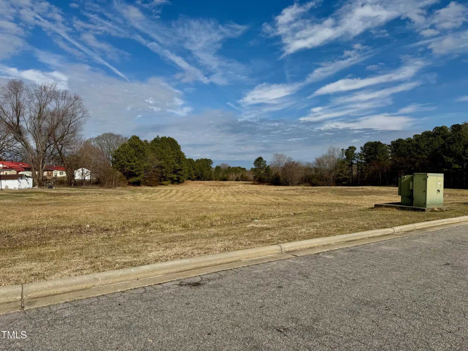A grassy vacant lot stretches beside a paved road under a partly cloudy sky. Trees line the back of the field, and two green utility boxes are visible on the right side of the image. A few buildings are partially visible to the left.