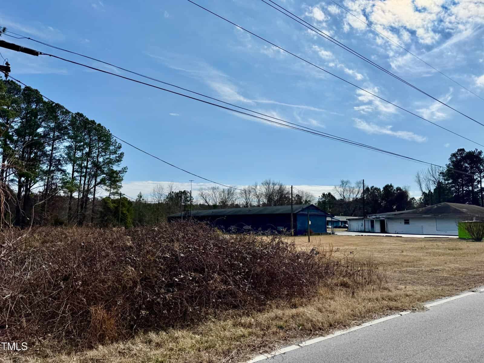 A stretch of road with overgrown bushes on the left side. In the background, there is a blue building, a white building, and some trees. Power lines cross the sky, which is mostly clear with a few clouds.