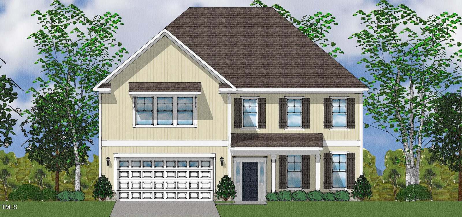 A two-story house with beige siding, a dark shingled roof, a double garage on the left, and a covered front porch with four windows and shrubs in front. Trees and cloudy sky are in the background.