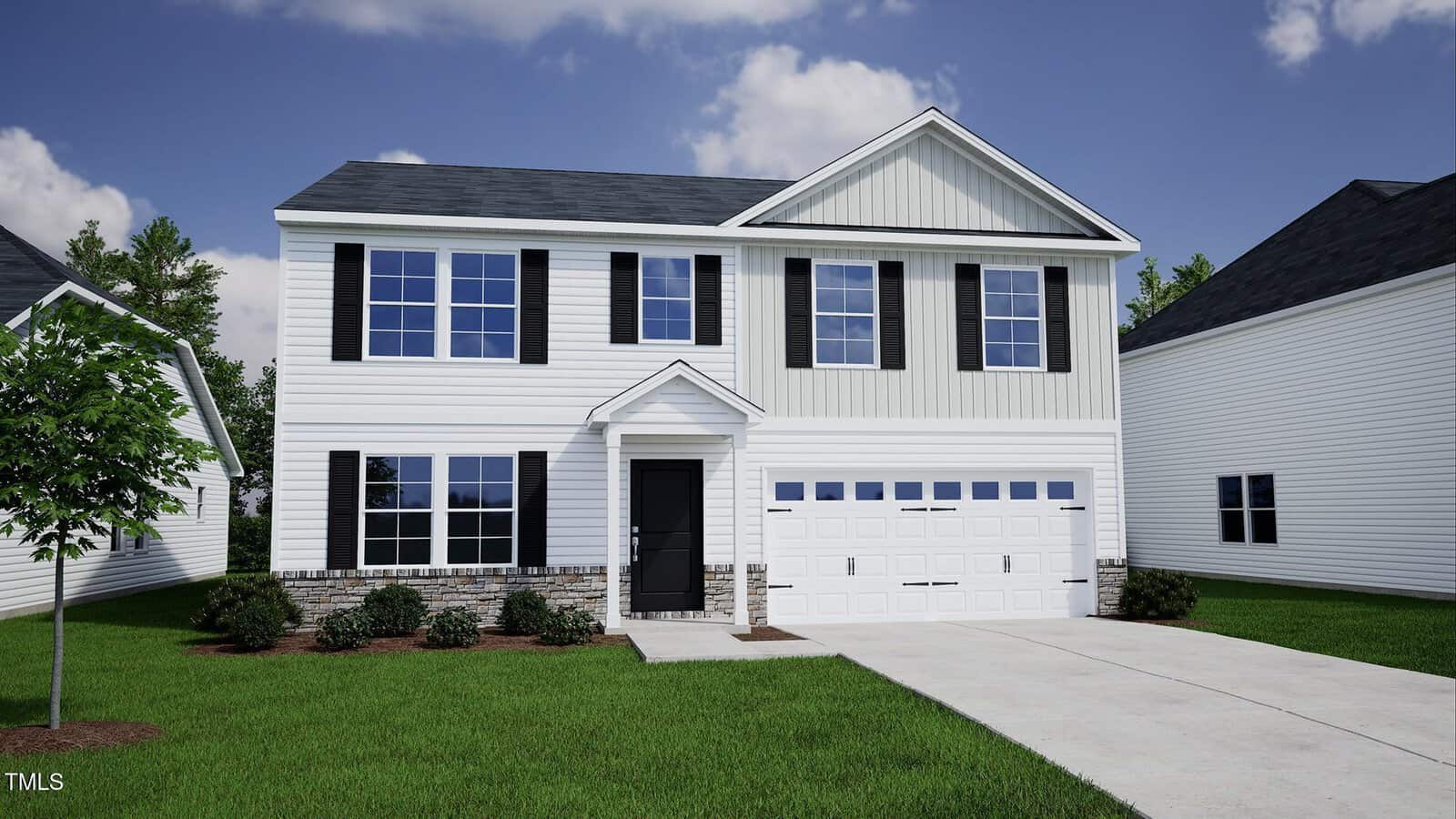 A two-story white house with black shutters and a gray shingled roof, featuring a double garage, a small covered front entry, minimal landscaping, and a concrete driveway under a partly cloudy sky.