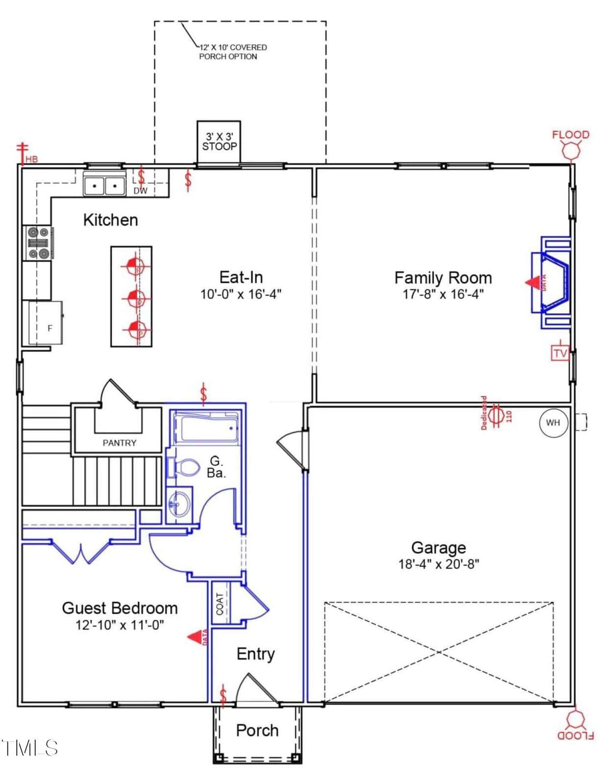 Black and white floor plan of a house showing a kitchen, eat-in area, family room, guest bedroom, garage, pantry, bathroom, entry, porch, and covered porch option, with labeled dimensions and fixtures.