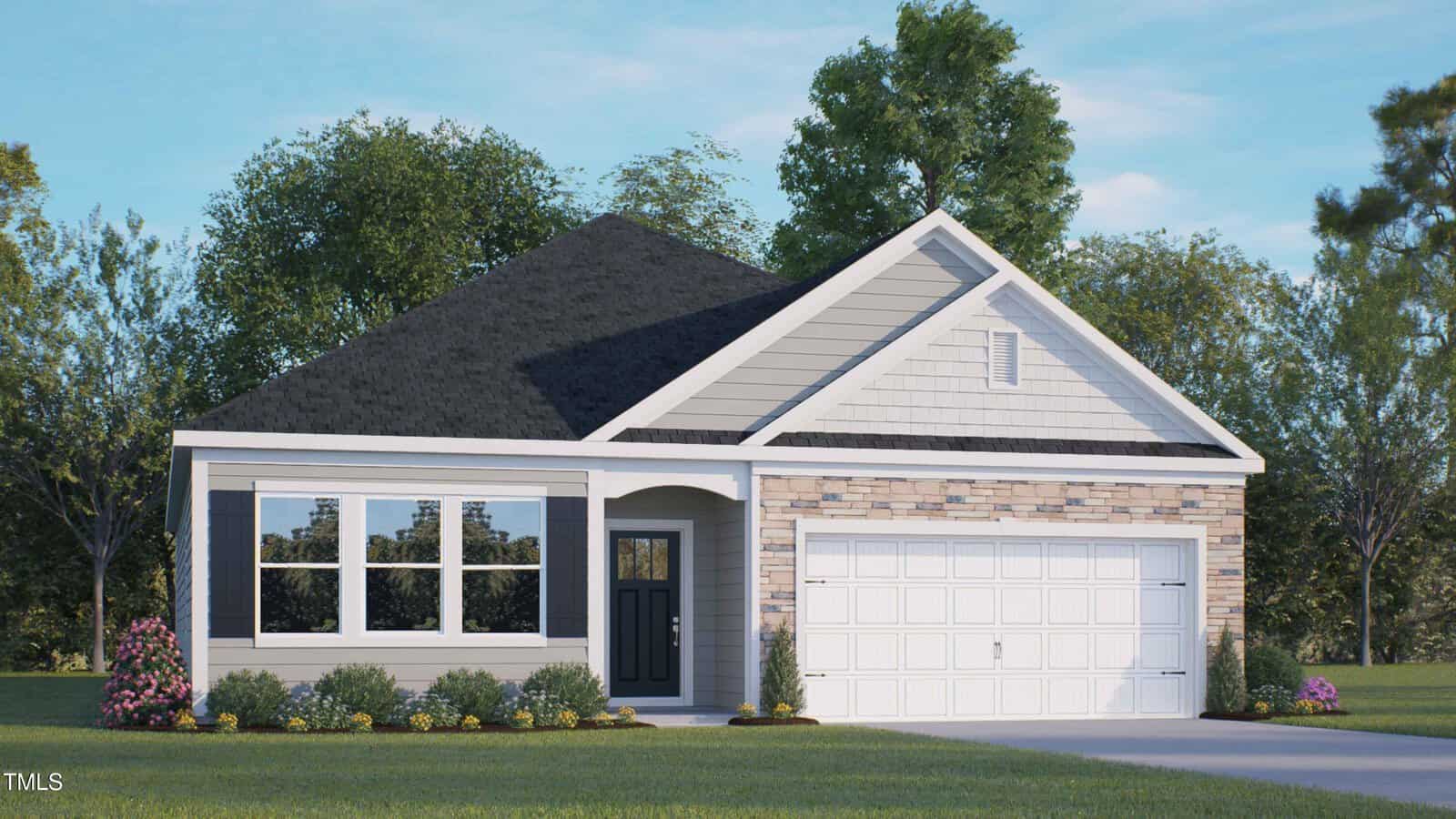 Single-story suburban house with light gray siding, stone accents, black shingle roof, white trim, and a two-car white garage door. The front yard has green grass, shrubs, and small trees.