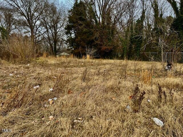 An overgrown field with dry grass and scattered litter. Dense trees and shrubs form a backdrop. The sky is cloudy, and there is a sense of neglect in the area.