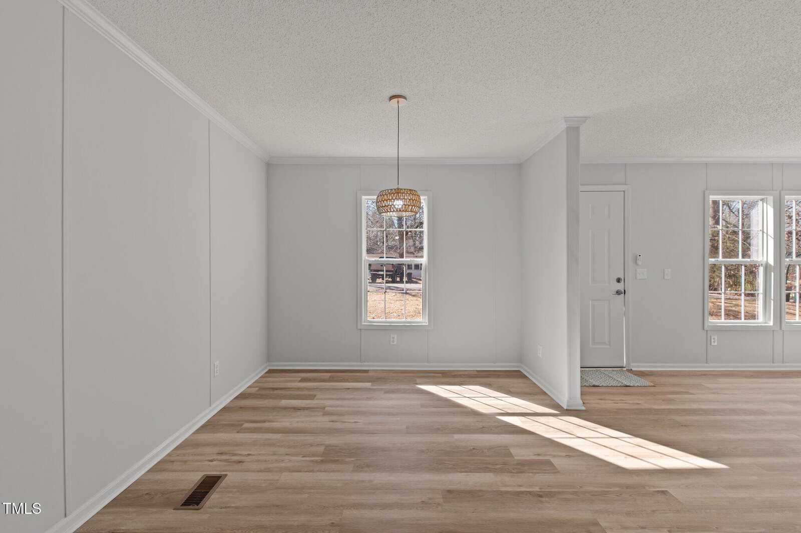 Empty room with light wood flooring, white walls, a single window with sunlight, hanging pendant light, white front door, and two additional windows to the right. Minimalist interior with baseboards and natural light.