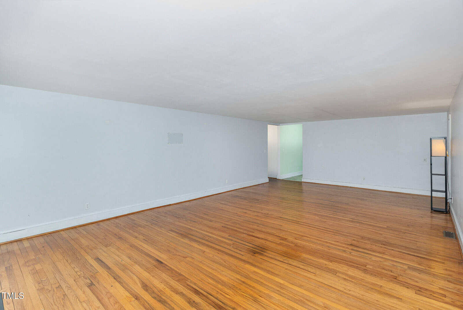 An empty room with light blue walls, hardwood floors, and a single floor lamp in the corner. A hallway is visible in the background, and the room is well-lit with natural and artificial light.