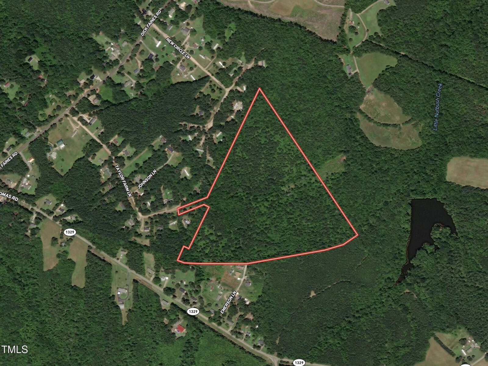 Aerial view of a rural area in Henderson with a red outline marking a triangular piece of land near Taylor Farm Lane. The landscape features houses, roads, dense green forest, and a small body of water on the right.