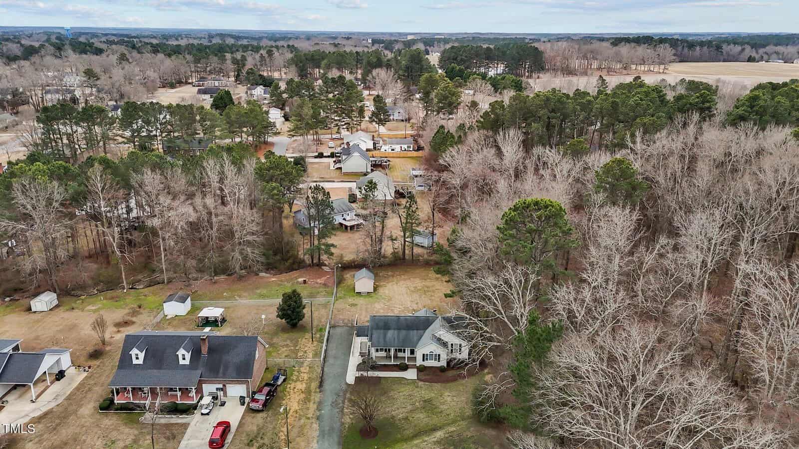 Aerial view of a suburban neighborhood featuring several houses with large lawns and surrounding trees. A mix of one- and two-story homes is visible, lining a street with a few parked cars. Forested areas and open fields are in the background.