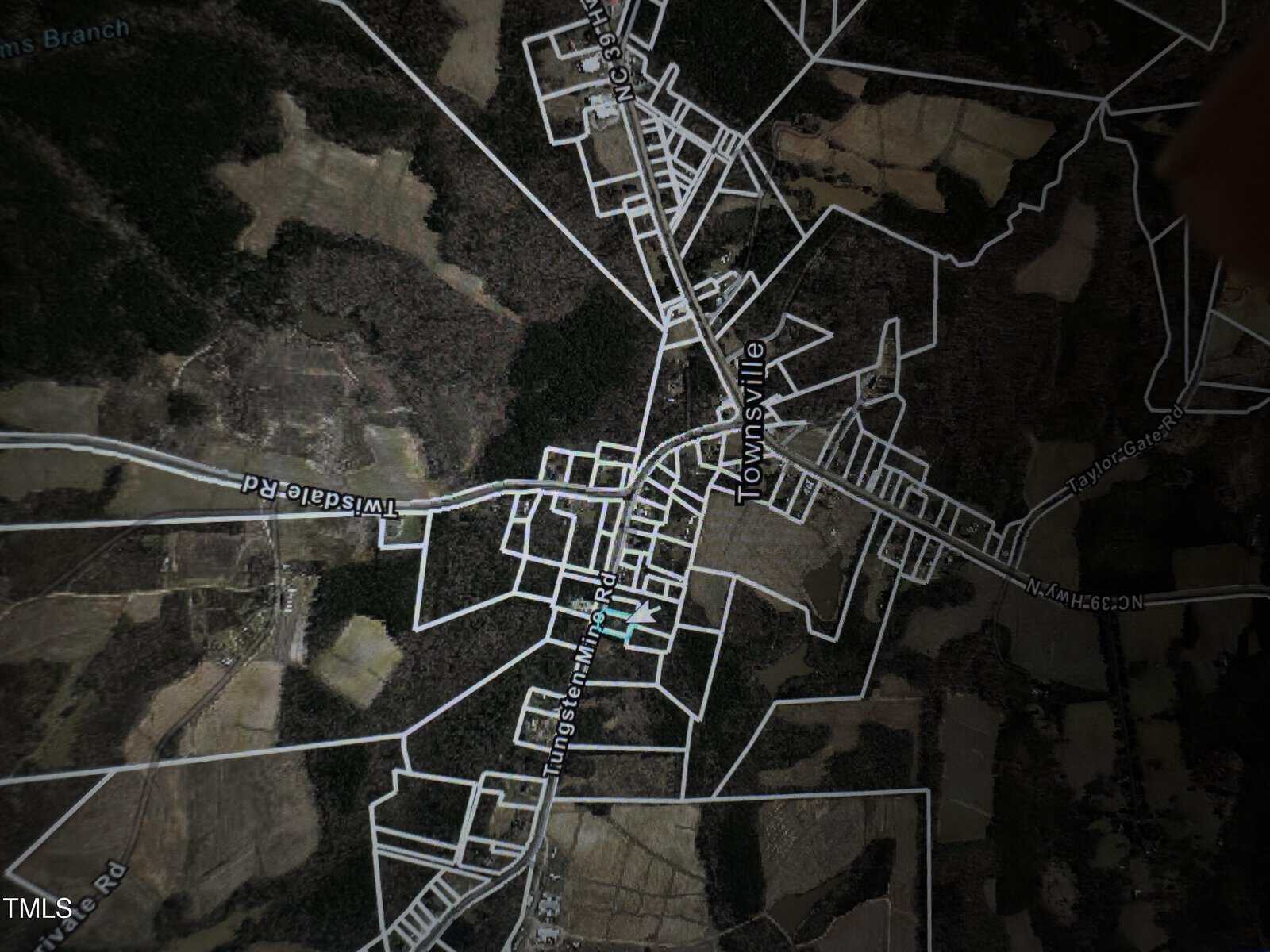 A satellite map view showing a rural area with road networks and labeled locations such as Townsville, Lindseytown Road, and Mistletoe Hill. The map includes both agricultural and wooded regions.