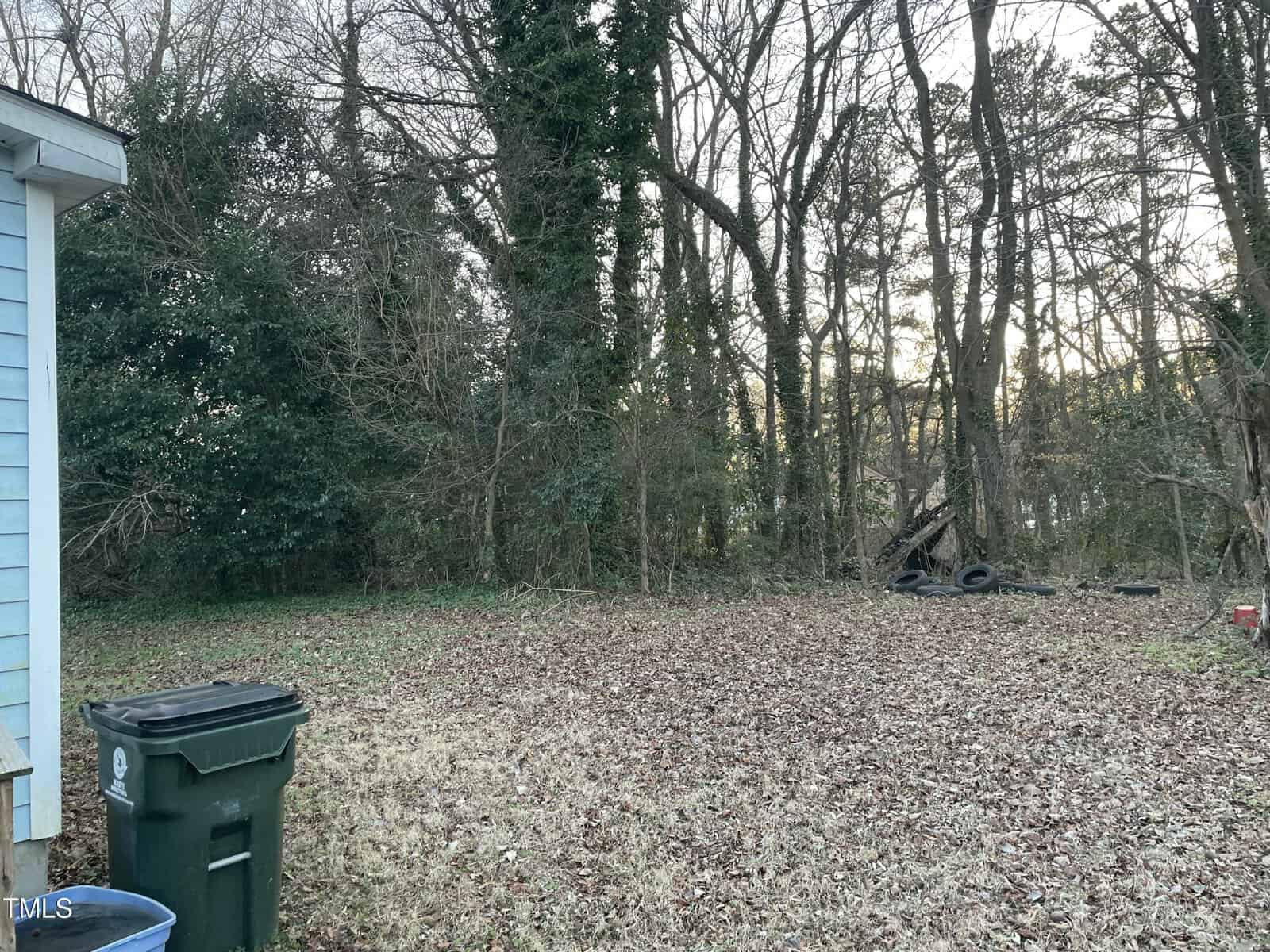 Side of a blue house with a green garbage bin on the left. The ground is covered in dry leaves, and a wooded area with tall trees is in the background. A pile of old tires is near the trees, and the sky is partially visible.