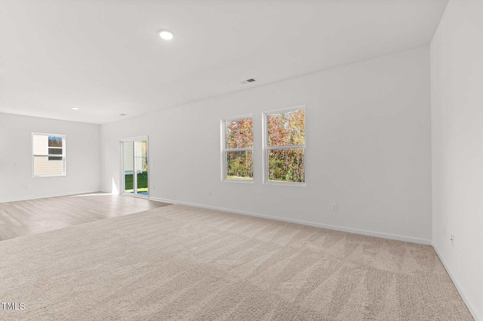 Bright, empty room with beige carpet, white walls, and large windows showing trees outside. Adjacent area has wood flooring and a door leading outside. Ceiling lights provide additional illumination.