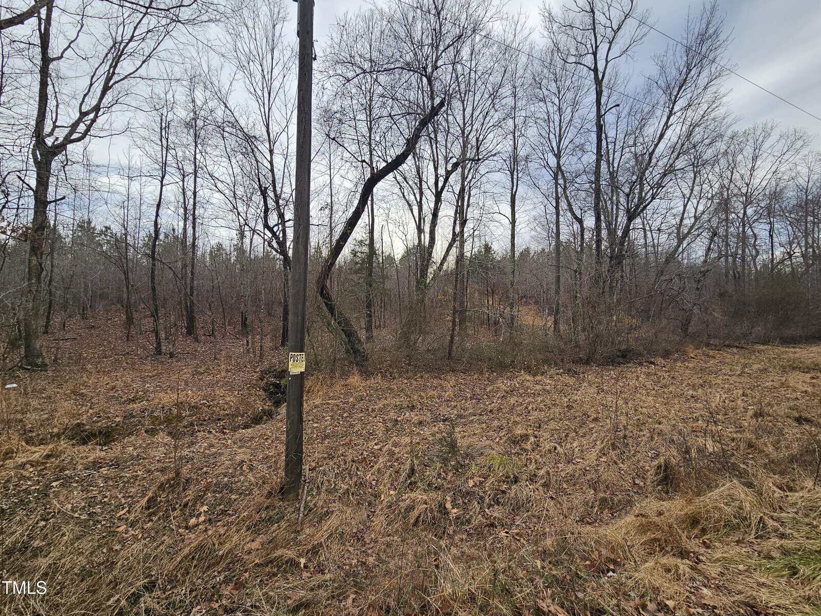 A wooded area with bare trees and dry grass. A utility pole is present in the foreground with a small yellow sign that says "Post" attached to it. The sky is overcast with patches of blue visible.