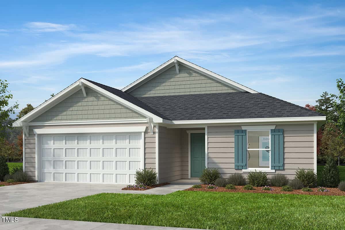 Single-story house with gray siding, white trim, and a double garage. The front door and window shutters are light blue. There is a small covered porch, a manicured lawn, and minimal landscaping with shrubs.