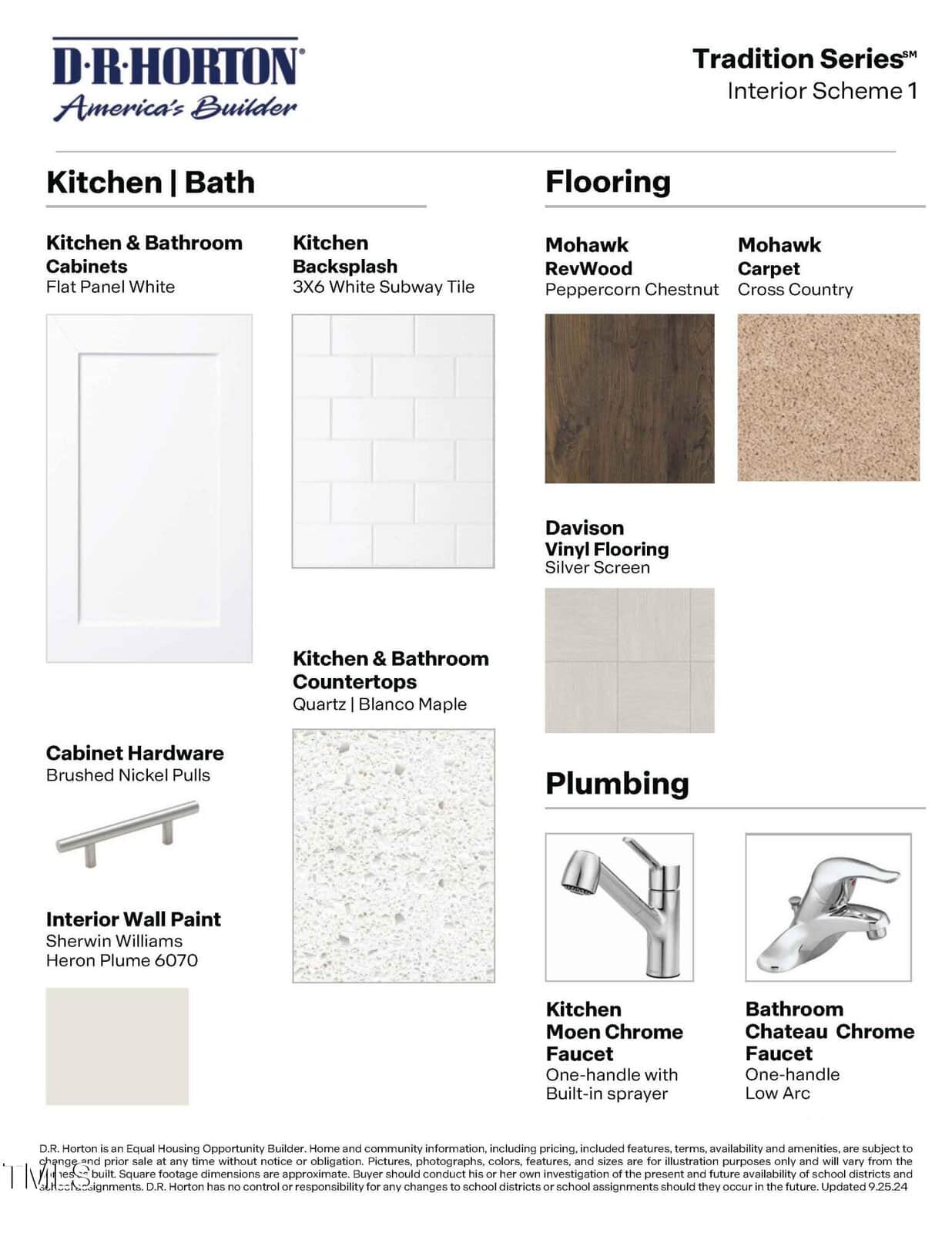 A design board showing samples for kitchen and bath cabinets, backsplash, flooring, countertops, hardware, paint, and plumbing fixtures labeled as Tradition Series Interior Scheme 1 by D.R. Horton.