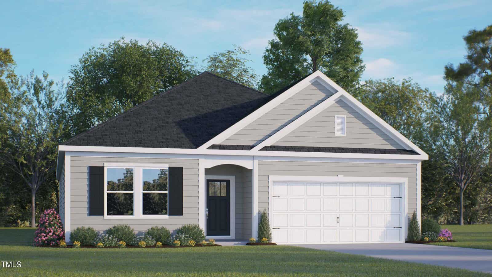 A single-story house with light gray siding, white trim, a black shingled roof, a front lawn, two large windows, a dark front door, and a white two-car garage, with trees in the background.