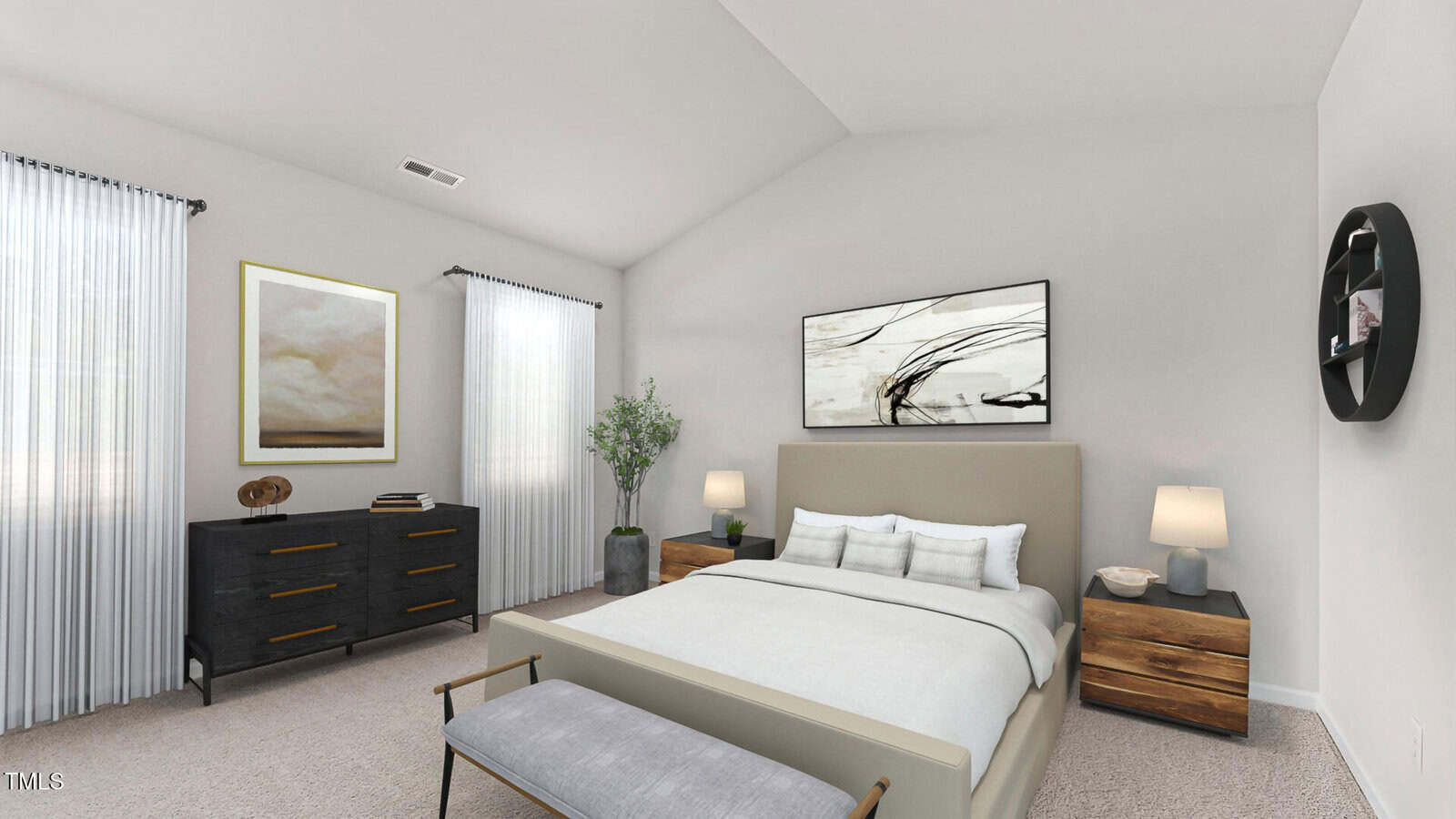 A modern bedroom with a beige upholstered bed, two wooden nightstands with lamps, a black dresser, a gray bench at the foot of the bed, minimal wall art, sheer curtains, and light-colored carpet.