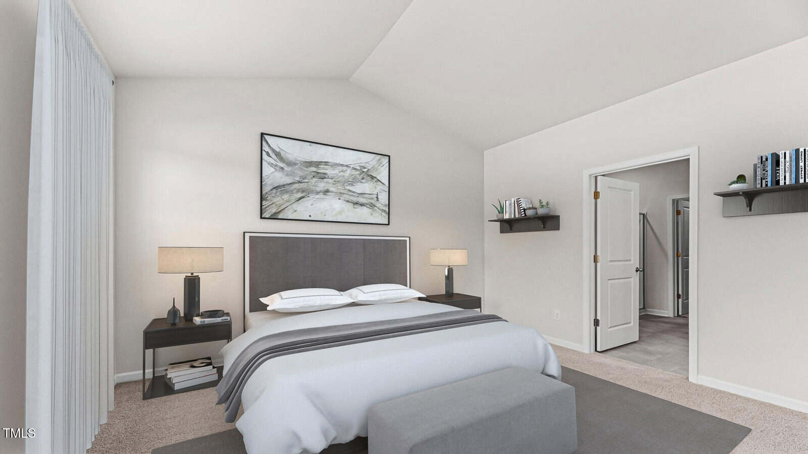 A modern bedroom with light walls, a neatly made bed with gray and white bedding, two bedside tables with lamps, shelves with books and decor, an abstract painting above the bed, and carpeted flooring.