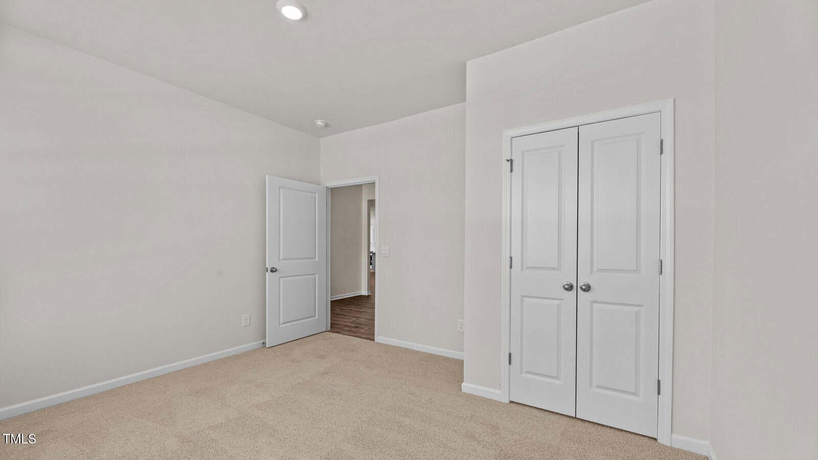Empty room with beige carpet, white walls, a closed double-door closet, and an open door leading to a hallway with wood flooring. Ceiling light is visible, and overall lighting is bright and neutral.