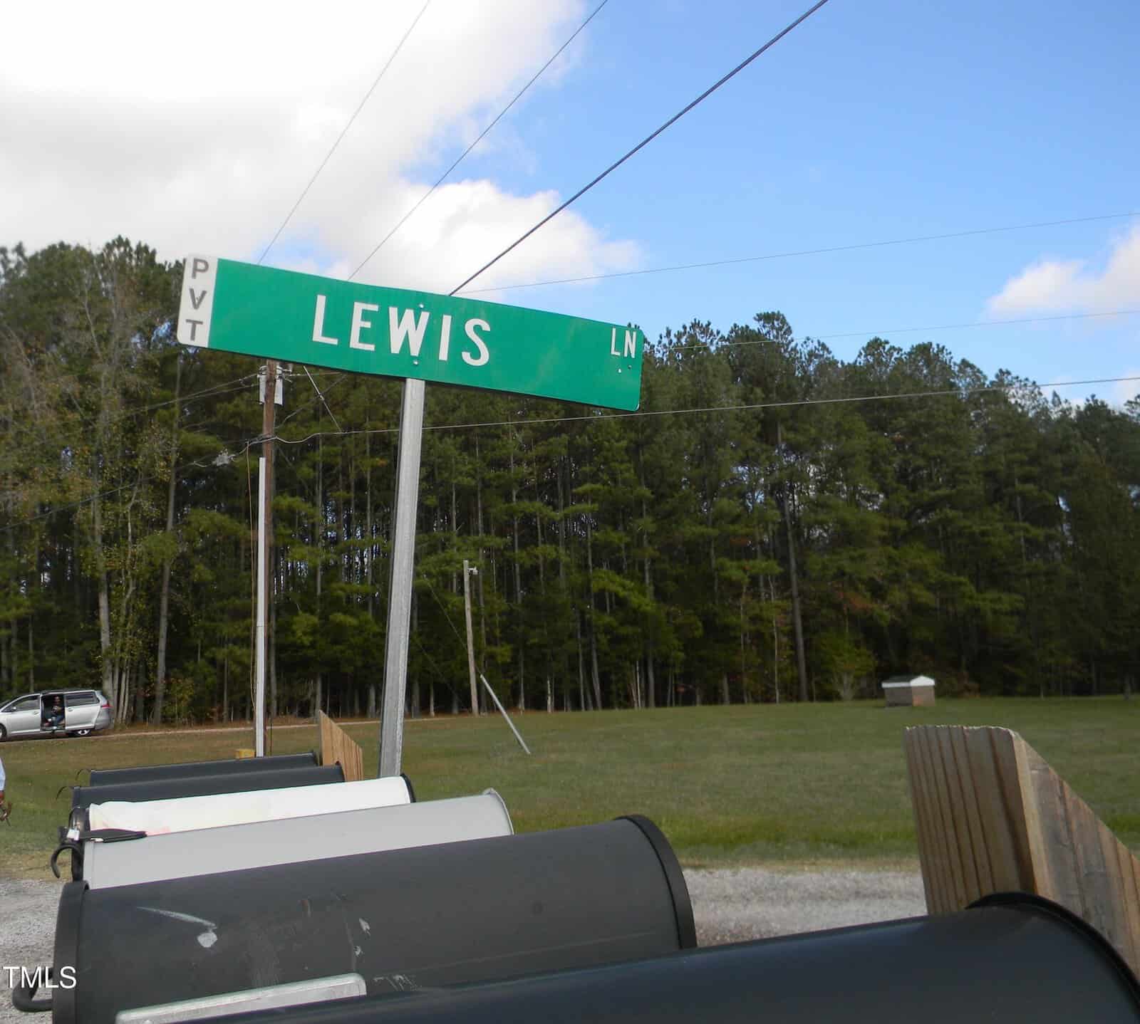 A green street sign reads "Lewis Ln" at the edge of a forested area under a partly cloudy sky. Multiple mailboxes are visible in the foreground on a gravel path. A white vehicle is parked on the side of the road.