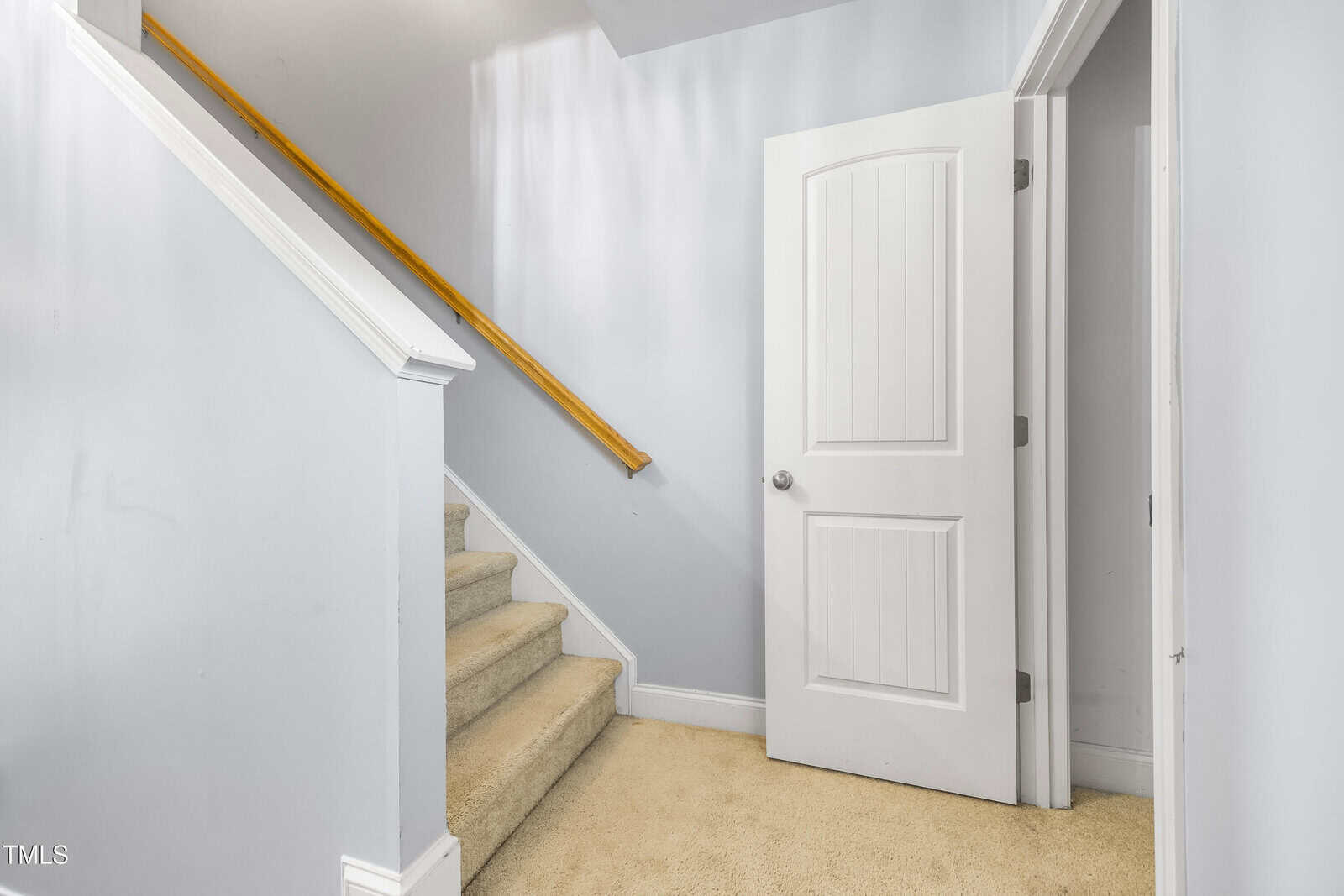 Carpeted stairs with a wooden handrail ascend beside a white paneled door that is partially open. The walls are painted light gray, and the area is well-lit with natural or artificial light.