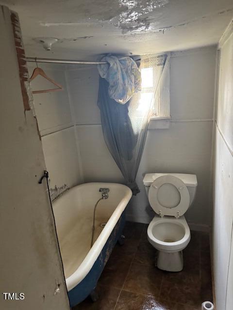 A small bathroom with a white toilet and an old clawfoot bathtub. A curtain hangs loosely over a small window. Water stains are visible on the ceiling. An empty hanger is on a pipe above the tub, and a cloth is draped near the window.