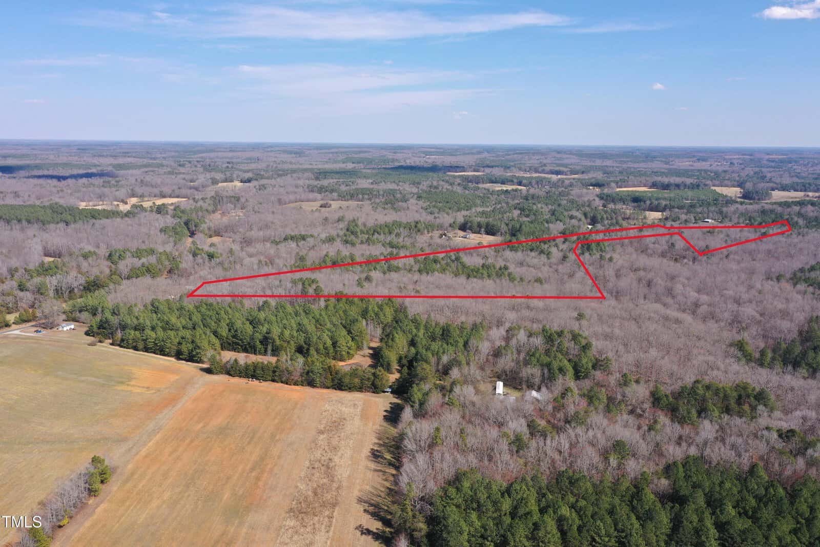 Aerial view of a rural landscape featuring a large expanse of forested area with a red outlined boundary. The foreground shows open fields, while the background has more wooded regions and distant patches of farmland under a clear blue sky.