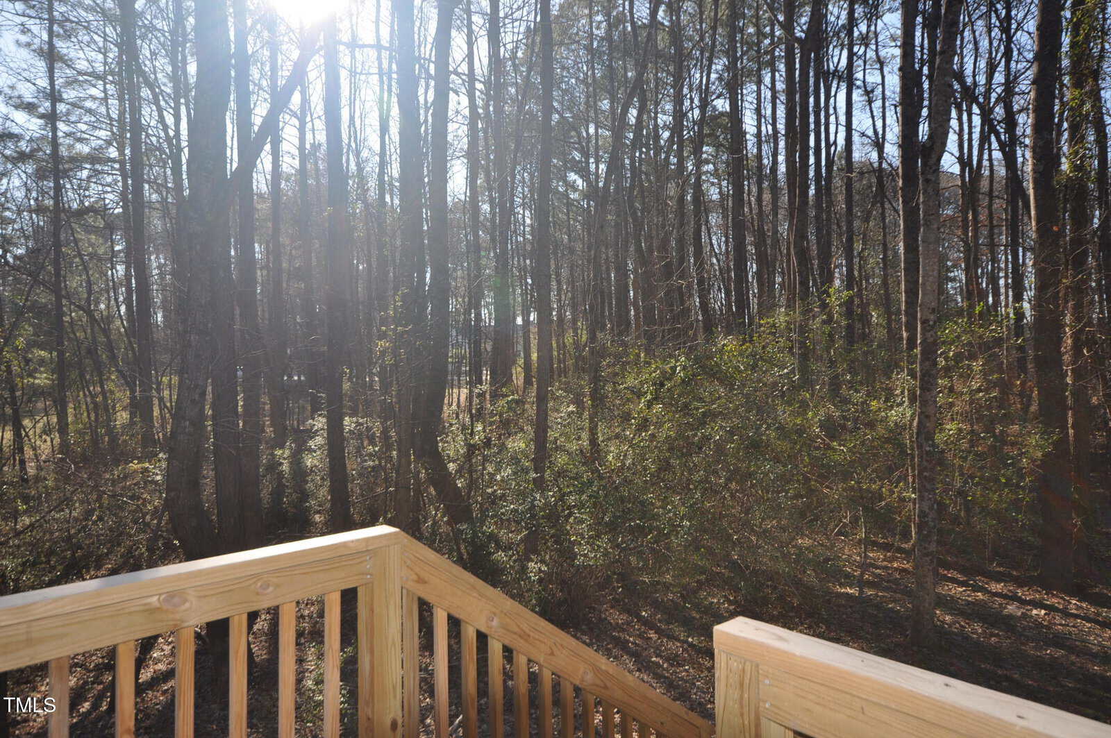 A deck with a wood railing and trees in the background.