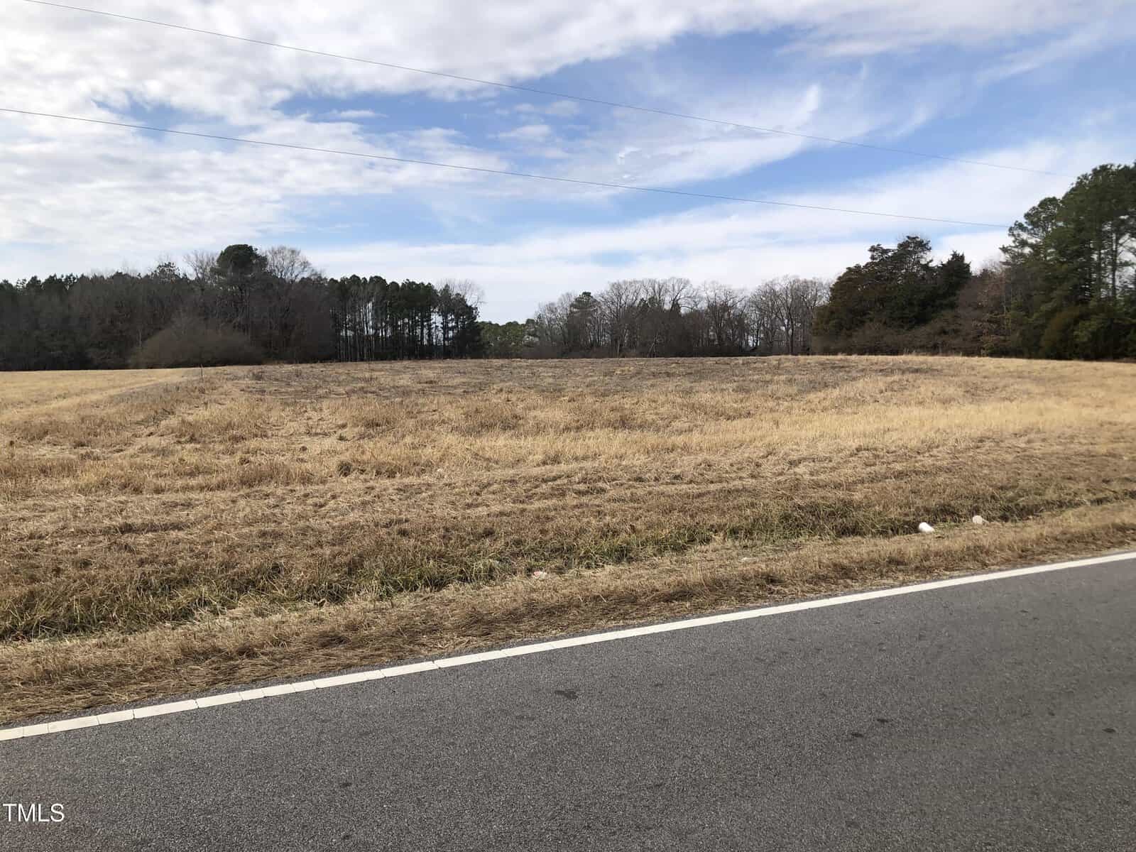 A vast field of dry grass stretches out beneath a partly cloudy sky along 2290 Epsom Rocky Ford Road. Trees border the field in the distance, while in the foreground, a paved road runs parallel to it, capturing the serene essence of Henderson's countryside.