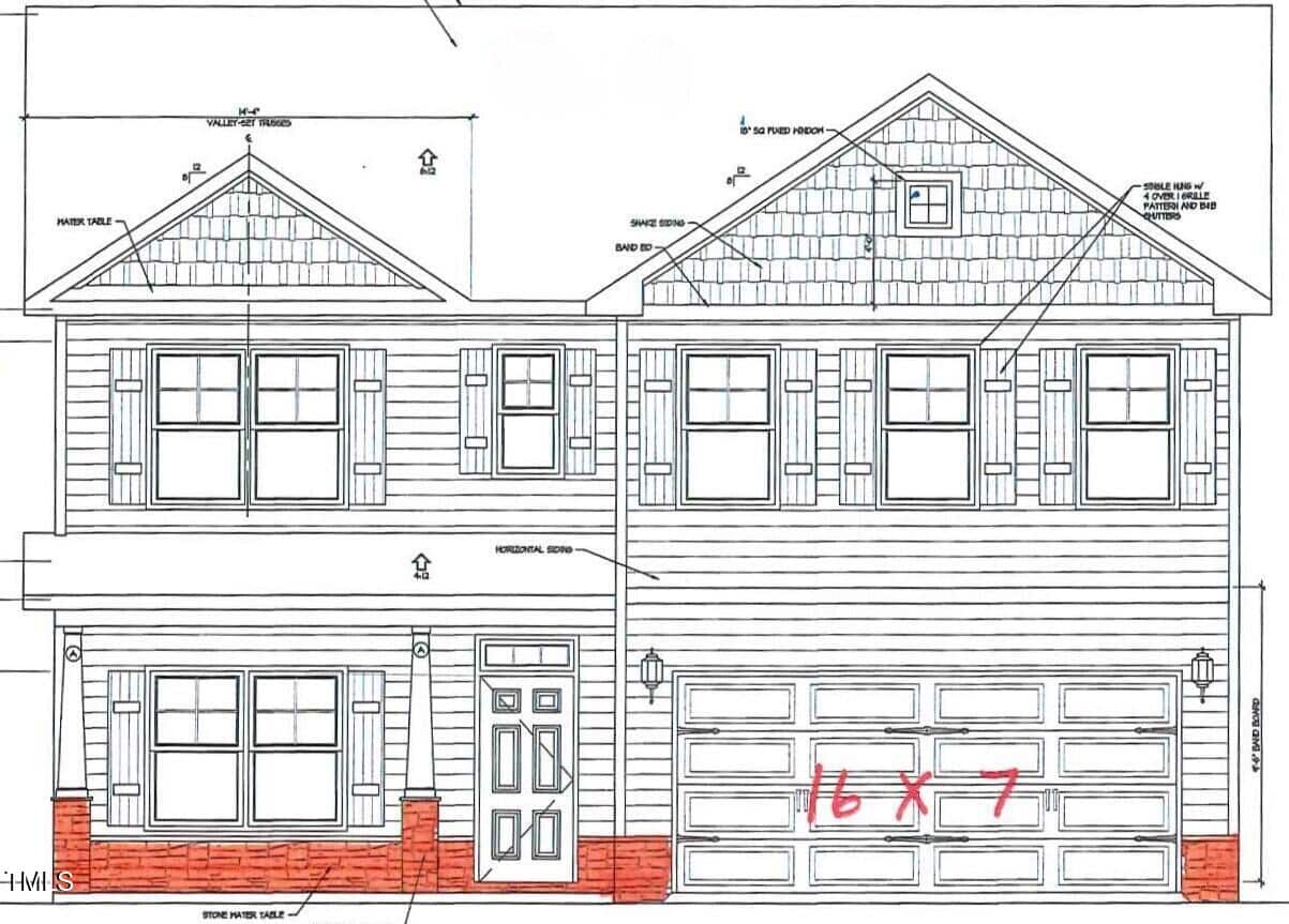Architectural drawing of a two-story house with horizontal siding, double garage door labeled "16 X 7," front porch, and several windows on both floors. Roof features shingles and gable accents.