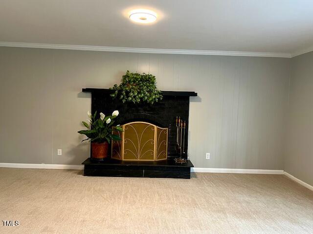A living room features a minimalist design with light gray walls and beige carpet. The focal point is a dark stone fireplace adorned with a gold screen. Potted plants are placed on and beside the mantel, with a small set of fireplace tools to the right.