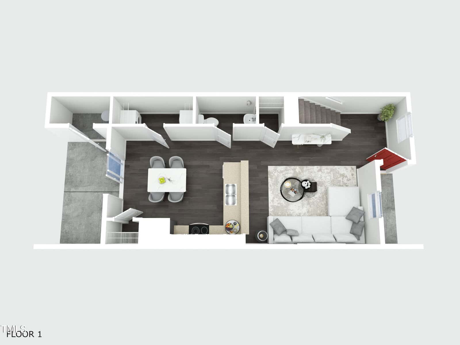 A 3D floor plan shows an open living room, dining area, and kitchen, with a half bath, storage, and laundry rooms on the left. A staircase and entryway are on the right. Each area is furnished.