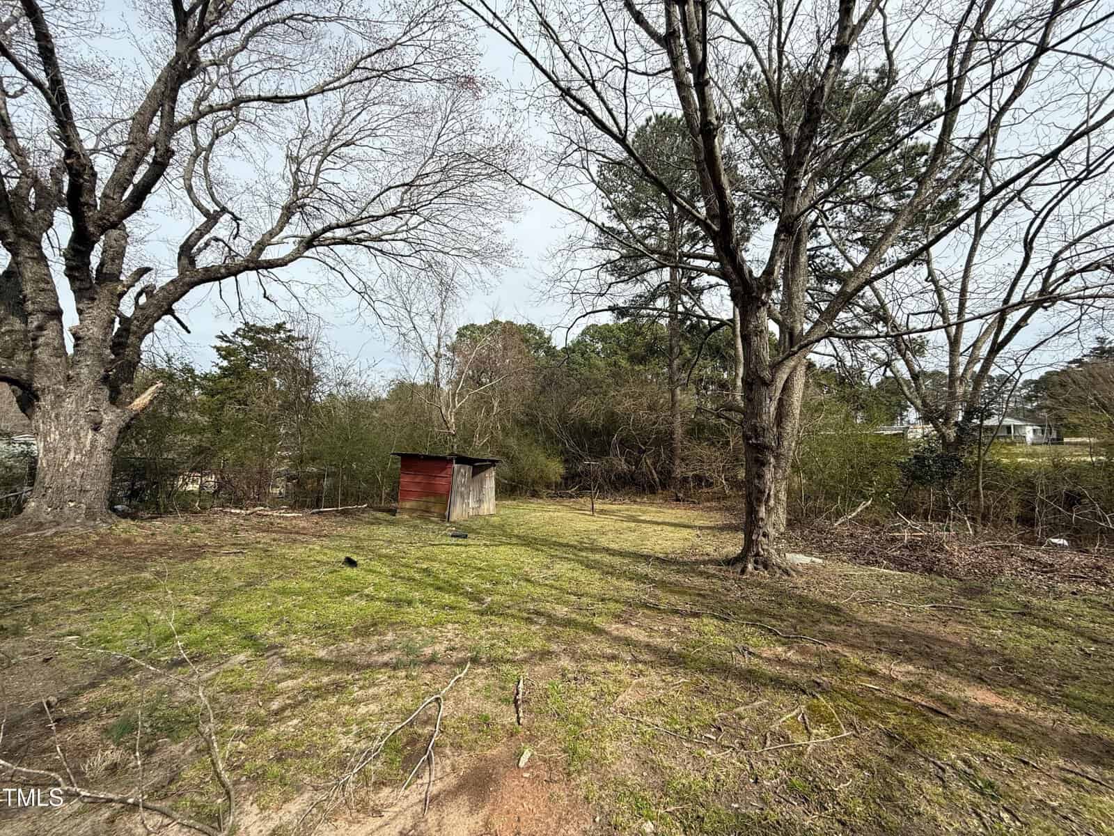 A small red shed stands on a patch of grass in a yard surrounded by leafless trees and overgrown bushes, with a partly cloudy sky in the background.