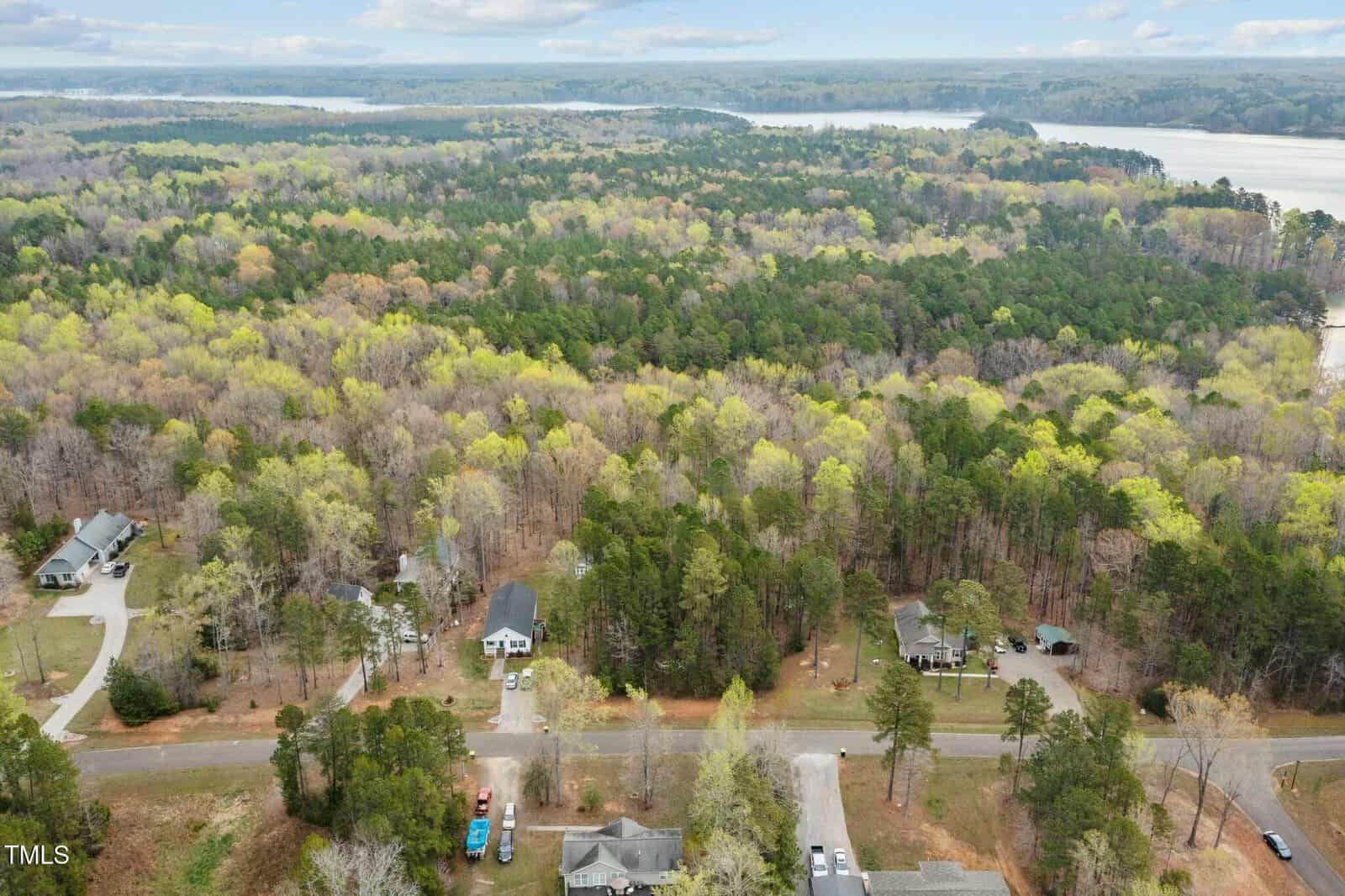 Aerial view of a residential area surrounded by a dense forest with a variety of green and brown trees. Houses are visible along a street with parked cars. A large body of water is seen in the background under a partly cloudy sky.