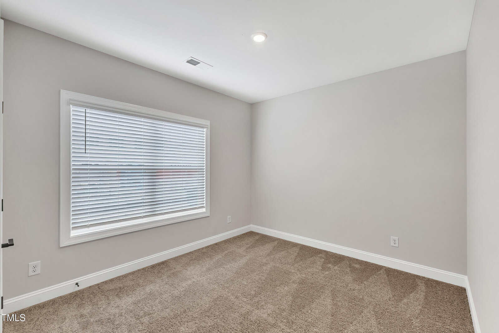 Empty room with beige carpet, light gray walls, a large window with closed white blinds, and a single recessed ceiling light. White baseboards and trim are visible around the floor and window.