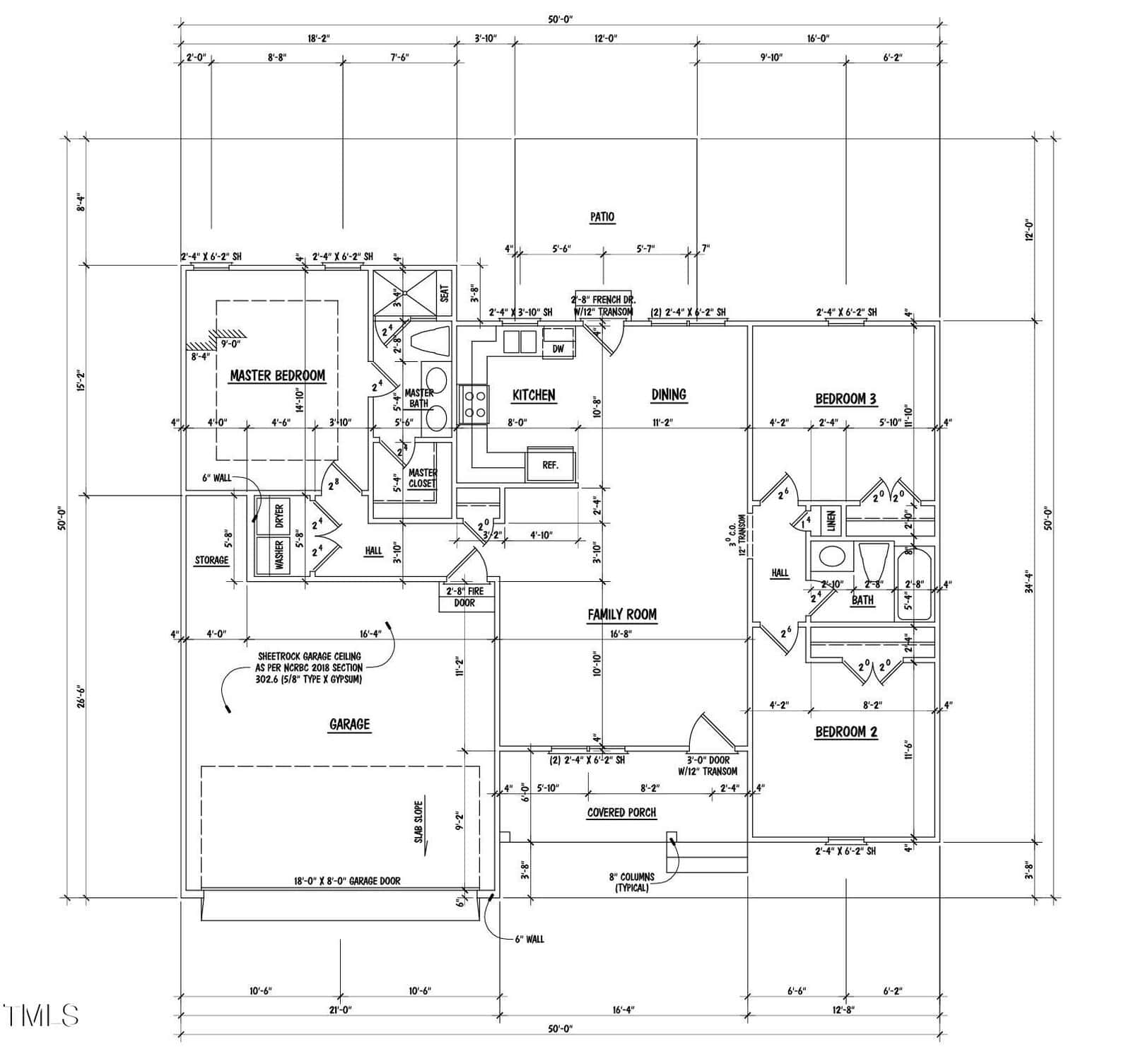 A floor plan diagram showing a residential layout, featuring a master bedroom with en-suite, two additional bedrooms, a family room, kitchen, dining area, two bathrooms, covered porch, and garage. Measurements are indicated throughout the plan.