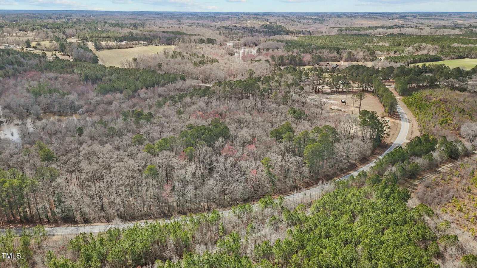 Aerial view of a winding road curving through a dense forest with a mix of deciduous and evergreen trees. Open fields and additional wooded areas are visible in the background under a partly cloudy sky.